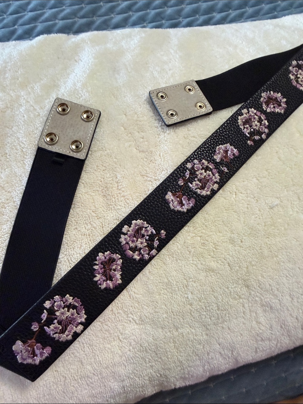 White House Black Market Black Stretch Belt with Lavender Floral Embroidery